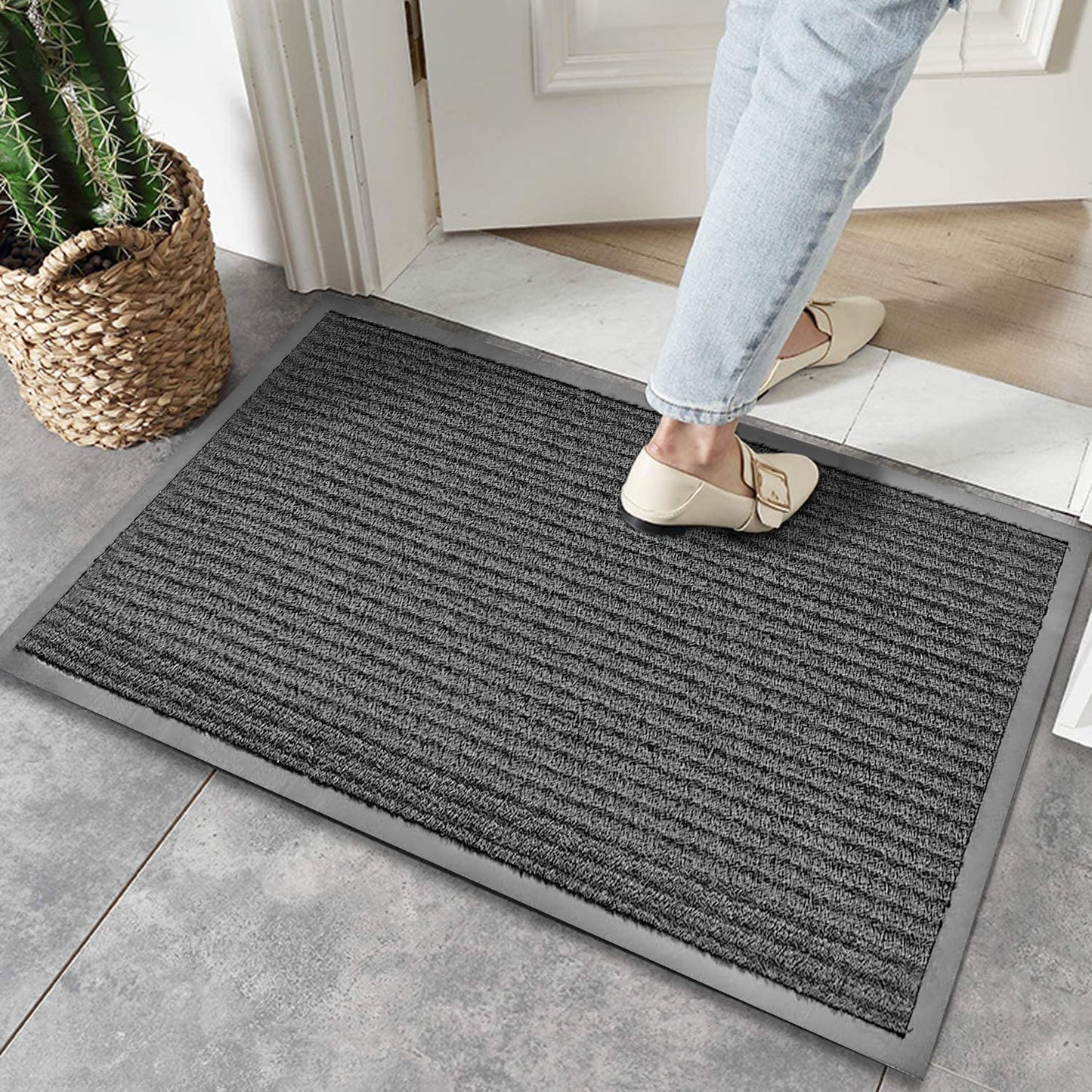 Indoor Outdoor Front Door Mat - 30" x 17" Non Slip Dirt Trapper Entry Rug - 2 Pack Gray