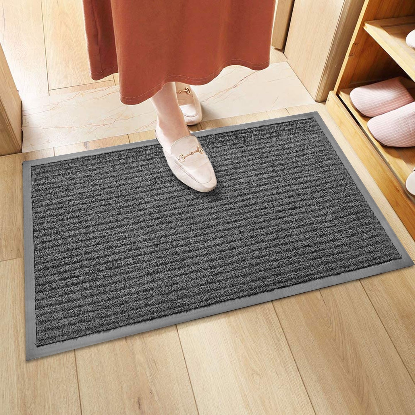 Indoor Outdoor Front Door Mat - 30" x 17" Non Slip Dirt Trapper Entry Rug - 2 Pack Gray